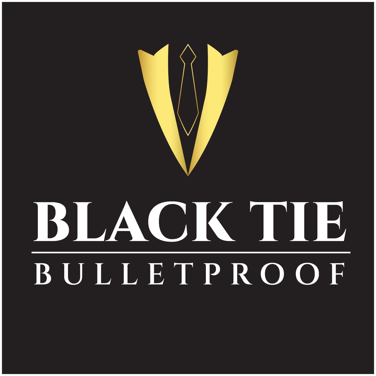 A black tie bulletproof logo on top of a black background.